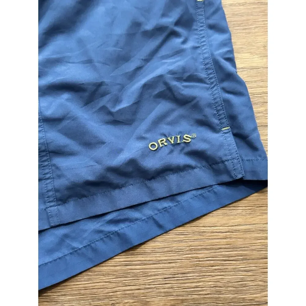 Orvis Mens Blue Swim Trunks Shorts L Mesh Lined Elastic Waist Quick Dry
